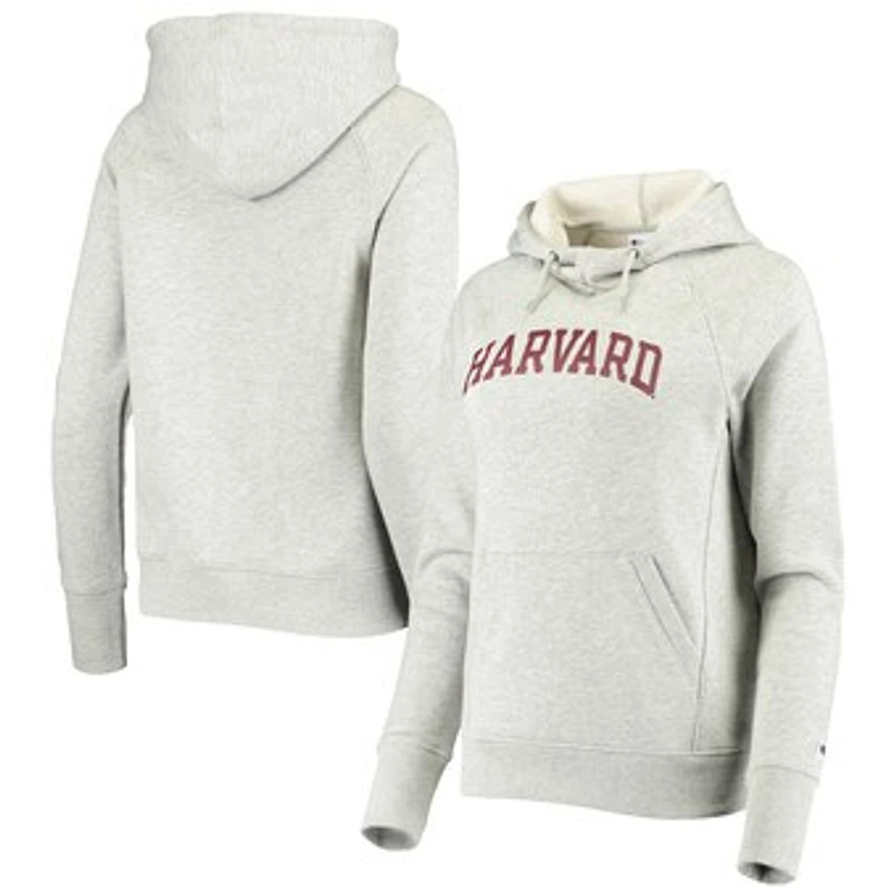 Women's Champion Heathered Gray Harvard Crimson Raglan Arch Pullover Hoodie