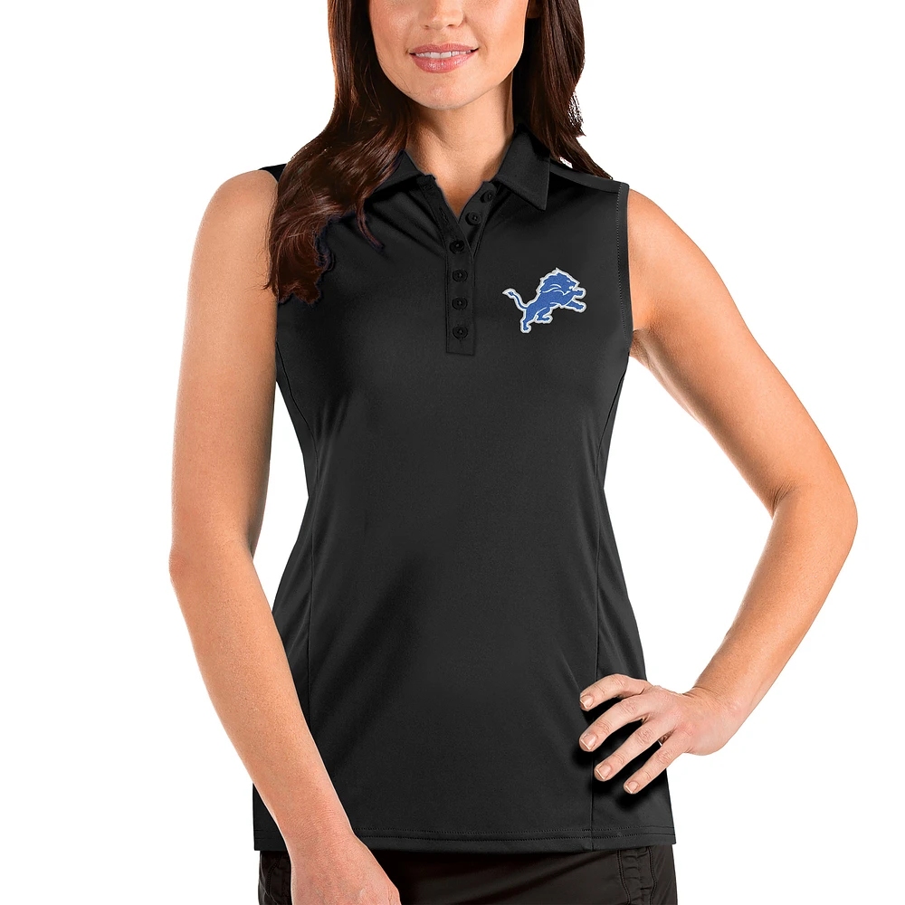 Women's Antigua Black Detroit Lions Sleeveless Tribute Polo