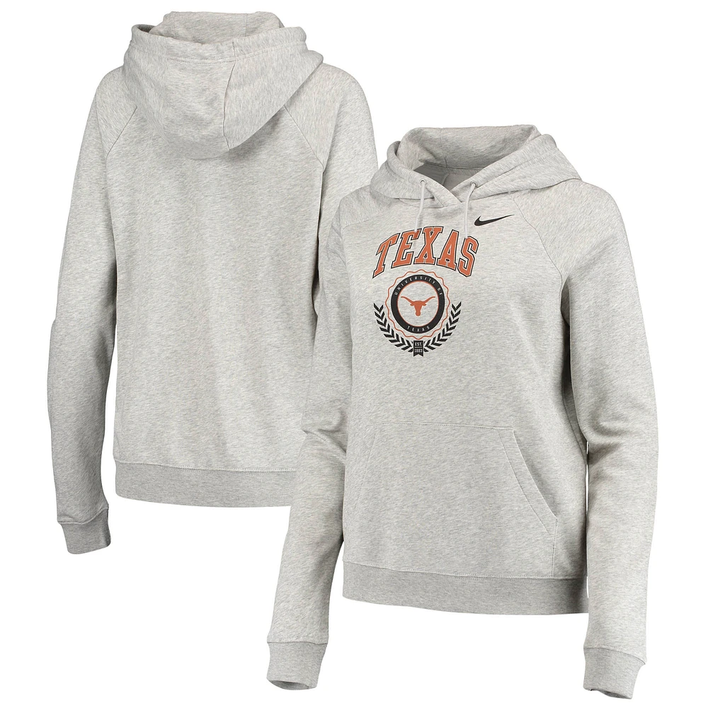 Women's Nike Heathered Gray Texas Longhorns Varsity Fleece Tri-Blend Raglan Pullover Hoodie