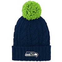 Girls Youth College Navy Seattle Seahawks Cable Cuffed Knit Hat with Pom