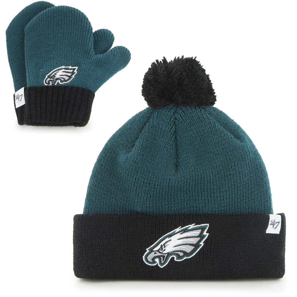 Infant '47 Midnight Green/Black Philadelphia Eagles Bam Bam Cuffed Knit Hat With Pom and Mittens Set