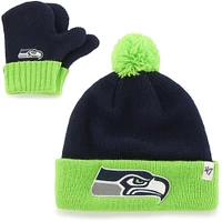 Infant '47 College Navy/Neon Green Seattle Seahawks Bam Bam Cuffed Knit Hat With Pom and Mittens Set