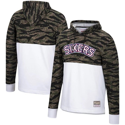 Men's Mitchell & Ness White Philadelphia 76ers Hardwood Classics Tiger Camo Pullover Hoodie