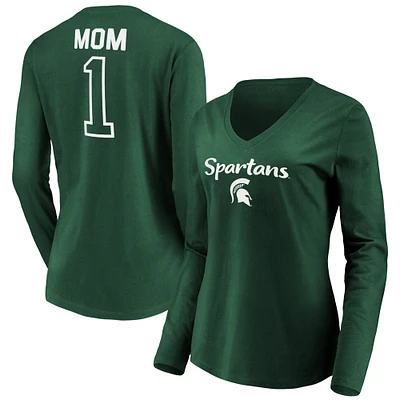 Women's Green Michigan State Spartans #1 Mom Long Sleeve V-Neck T-Shirt