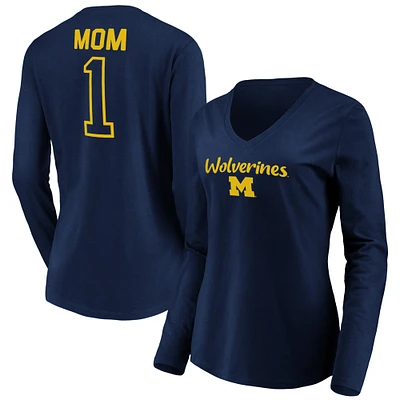 Women's Navy Michigan Wolverines #1 Mom Long Sleeve V-Neck T-Shirt