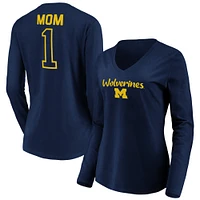Women's Navy Michigan Wolverines #1 Mom Long Sleeve V-Neck T-Shirt