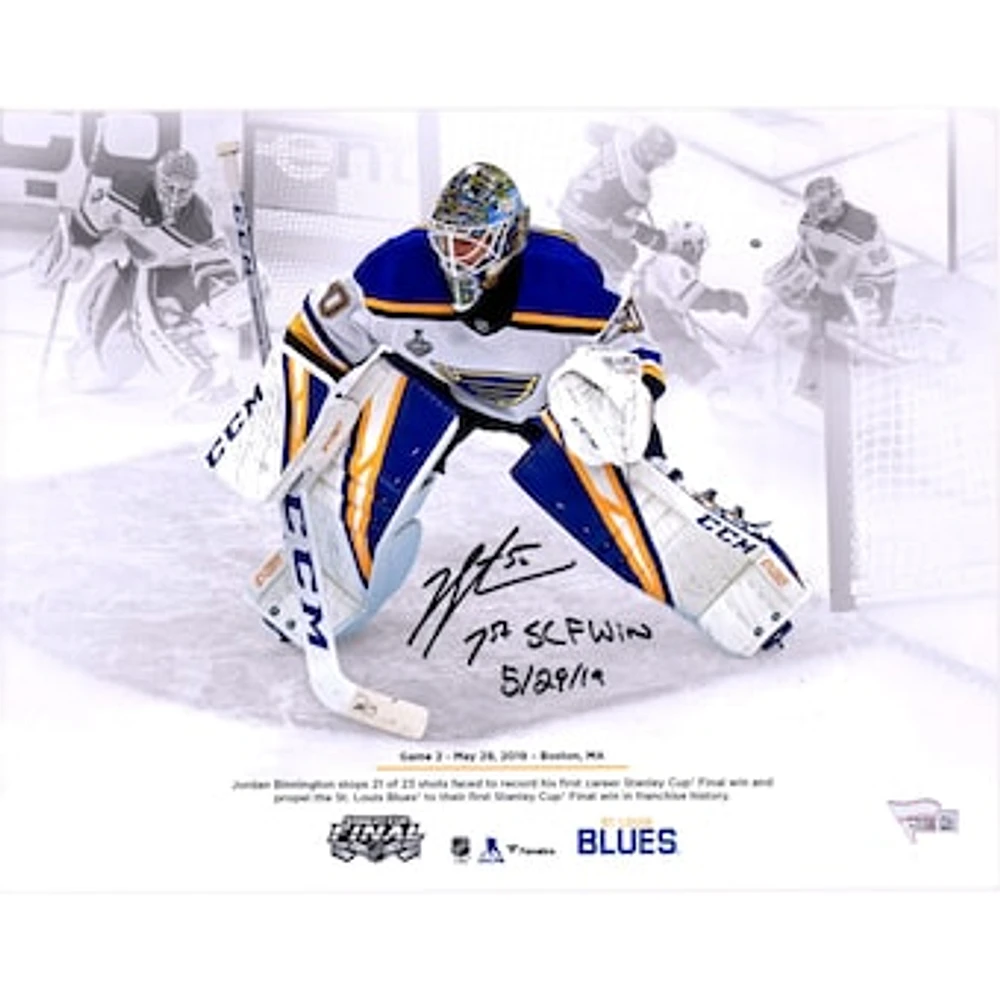 Jordan Binnington St. Louis Blues Autographed 11" x 14" First Stanley Cup Final Win Stylized Photograph with "1st SCF Win 5/29/19" Inscription - Limited Edition of 50