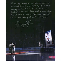 Brian Leetch New York Rangers Autographed 16" x 20" Jersey Retirement Banner Raising Photograph with Story Inscription