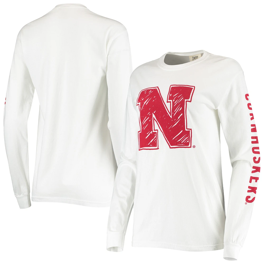 Women's White Nebraska Huskers Drawn Logo Oversized Long Sleeve T-Shirt