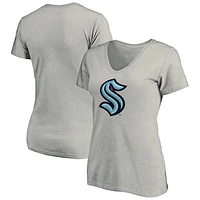 Women's Fanatics Heather Gray Seattle Kraken Plus Primary Logo V-Neck T-Shirt