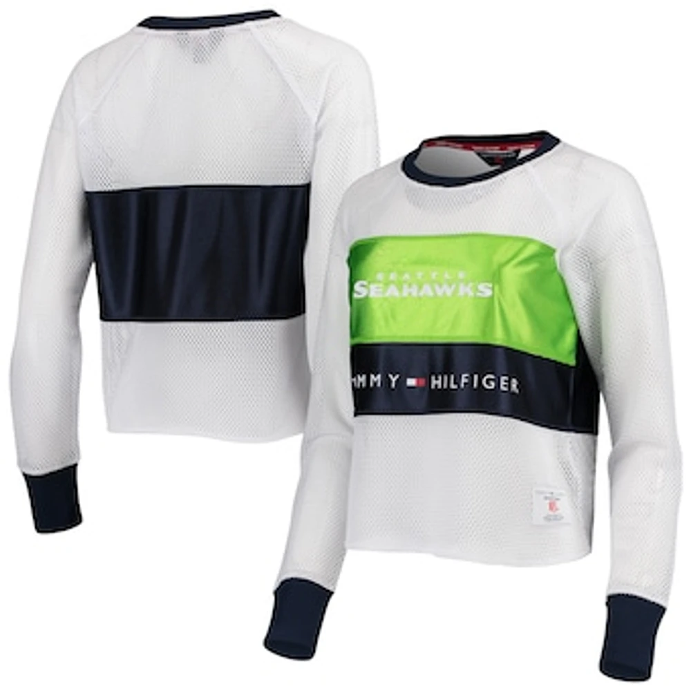 Women's Tommy Hilfiger White/Neon Green Seattle Seahawks Mesh Raglan Long Sleeve T-Shirt