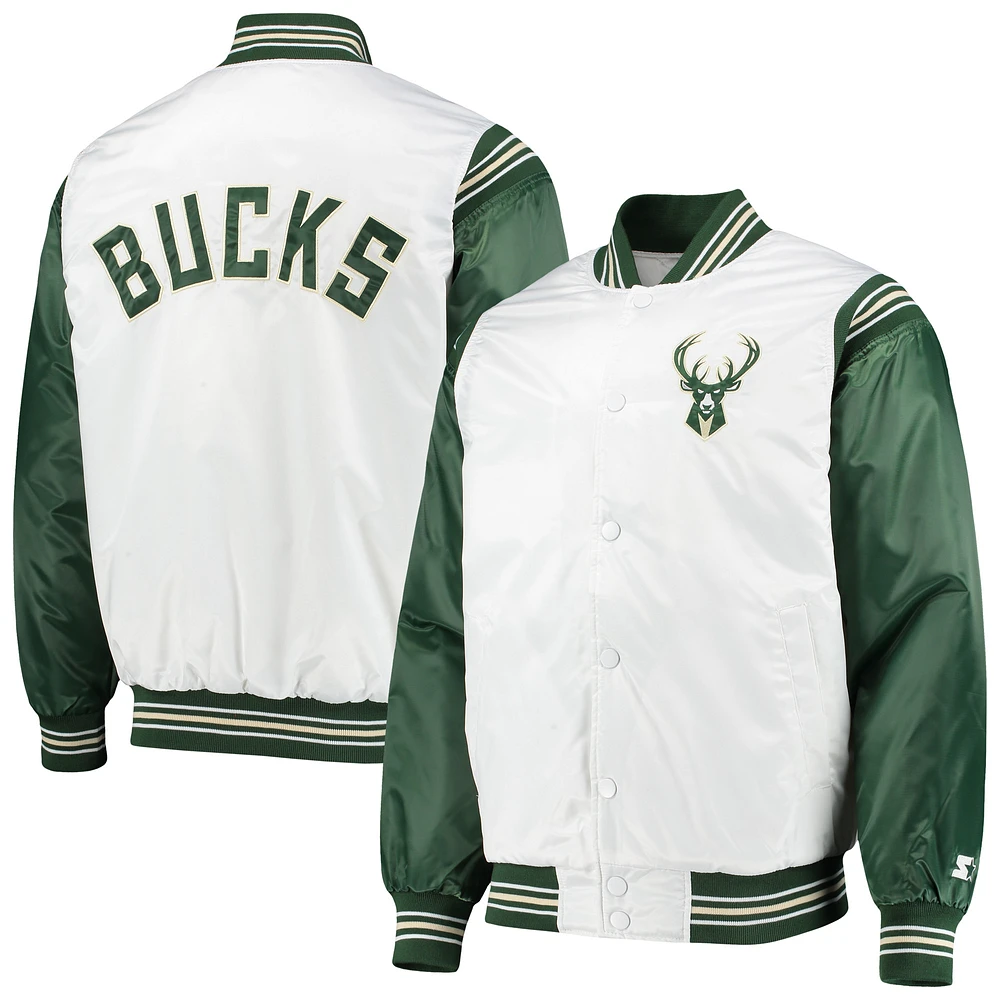 Men's Starter White/Hunter Green Milwaukee Bucks Renegade Varsity Satin Full-Snap Jacket