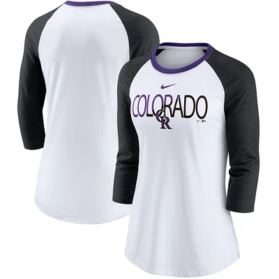 Women's Nike White/Heathered Black Colorado Rockies Color Split Tri-Blend 3/4-Sleeve Raglan T-Shirt