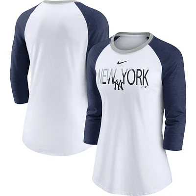 Women's Nike White/Heathered Navy New York Yankees Color Split Tri-Blend 3/4-Sleeve Raglan T-Shirt