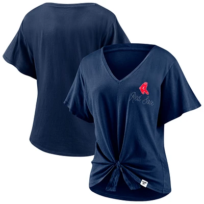 Women's Fanatics Navy Boston Red Sox Sport Resort Script Washed Tie Front V-Neck T-Shirt