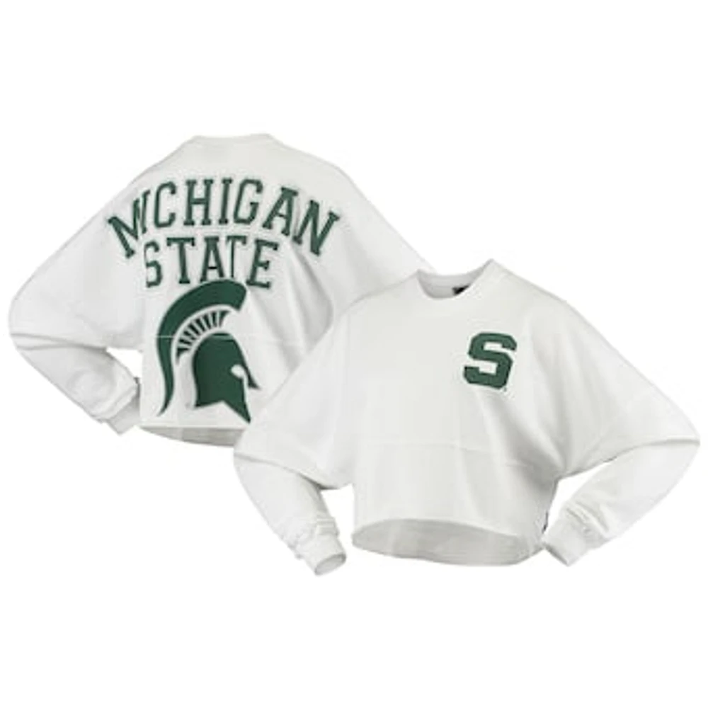 Women's White Michigan State Spartans Raw Hem Cropped Spirit Jersey Long Sleeve T-Shirt