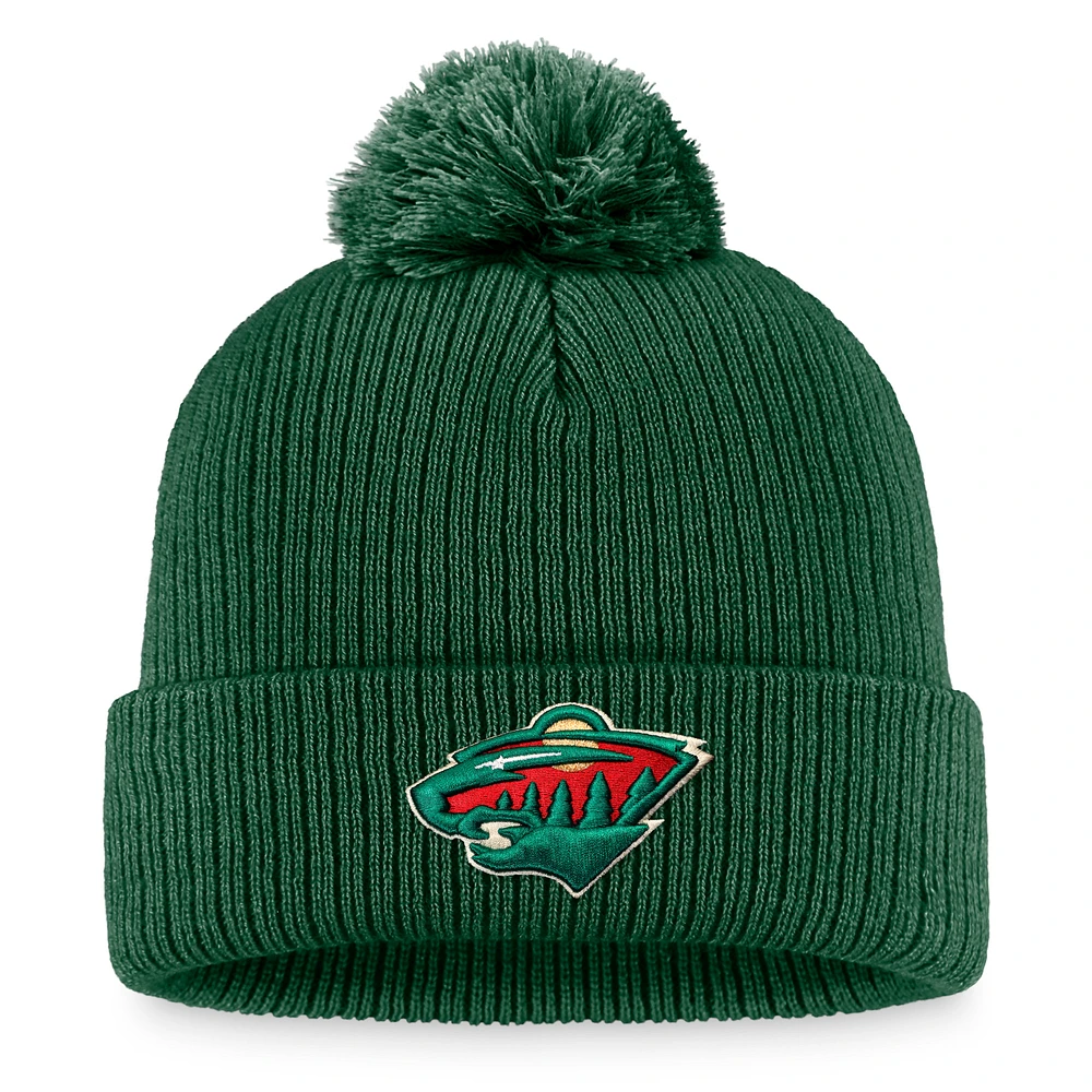 Men's Fanatics Green Minnesota Wild Core Primary Logo Cuffed Knit Hat with Pom