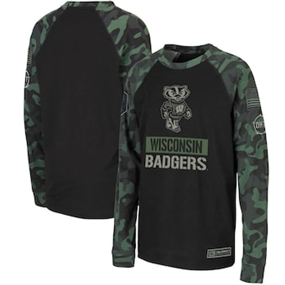 Youth Colosseum Black/Camo Wisconsin Badgers OHT Military Appreciation Raglan Long Sleeve T-Shirt