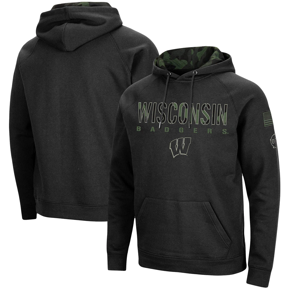 Men's Colosseum Black Wisconsin Badgers OHT Military Appreciation Camo Pullover Hoodie