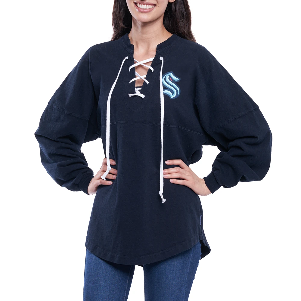 Women's Fanatics Navy Seattle Kraken Lace Up Long Sleeve Spirit Top