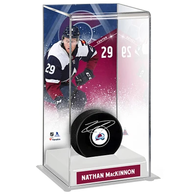 Nathan MacKinnon Colorado Avalanche Autographed Puck with Navy Alternate Jersey Deluxe Tall Hockey Puck Display Case
