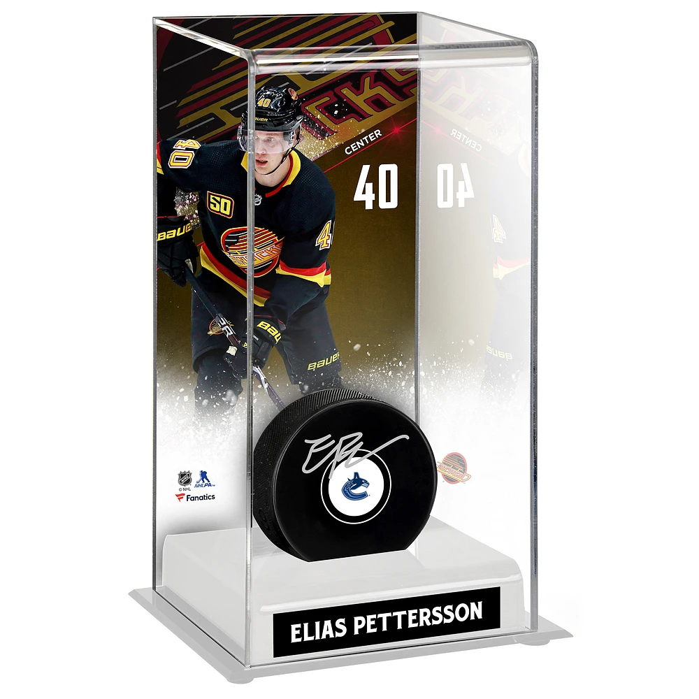 Elias Pettersson Vancouver Canucks Autographed Puck with Black Alternate Jersey Deluxe Tall Hockey Puck Display Case