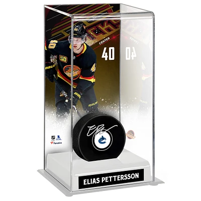 Elias Pettersson Vancouver Canucks Autographed Puck with Black Alternate Jersey Deluxe Tall Hockey Puck Display Case