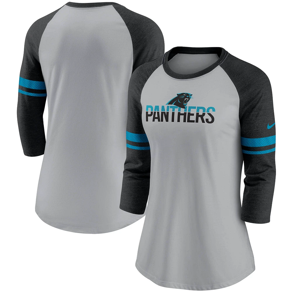 Women's Nike Heathered Gray/Black Carolina Panthers Stripe Mesh Nickname Tri-Blend 3/4-Sleeve T-Shirt