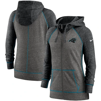 Women's Nike Heathered Charcoal/Black Carolina Panthers Gym Vintage Raglan Full-Zip Hoodie