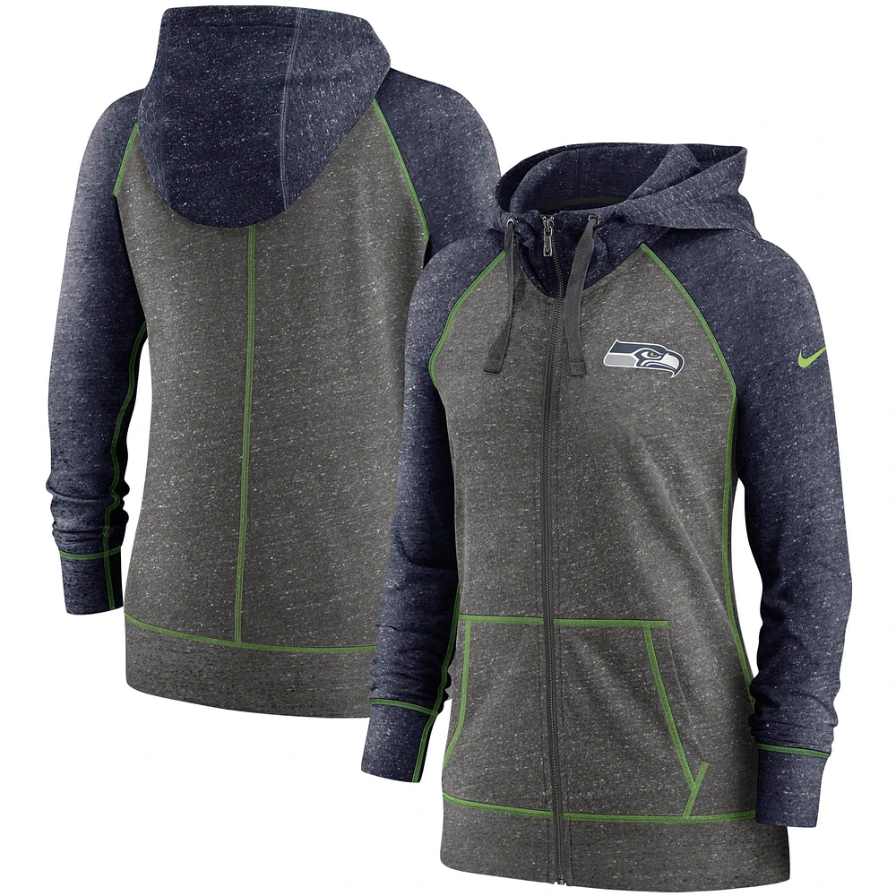 Women's Nike Heathered Charcoal/Navy Seattle Seahawks Gym Vintage Raglan Full-Zip Hoodie