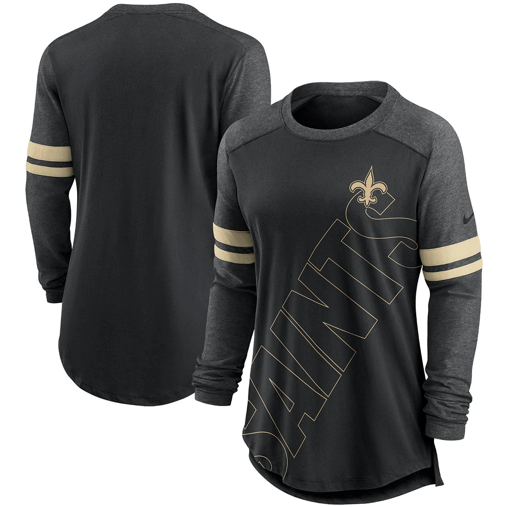 Women's Nike Black/Heathered Charcoal New Orleans Saints Team Outline Raglan Performance Long Sleeve T-Shirt