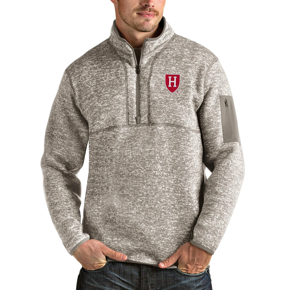 Men's Antigua Oatmeal Harvard Crimson Fortune Quarter-Zip Pullover Jacket