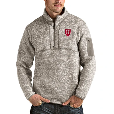 Men's Antigua Oatmeal Harvard Crimson Fortune Quarter-Zip Pullover Jacket
