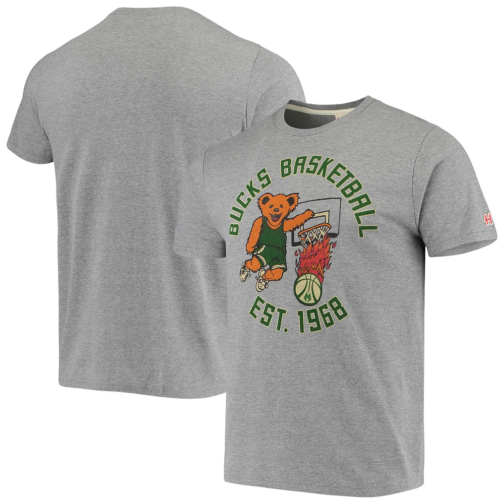 Men's Homage Heathered Gray Milwaukee Bucks NBA x Grateful Dead Tri-Blend T-Shirt