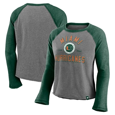 Women's Majestic Heathered Gray/Heathered Green Miami Hurricanes Competitive Edge Cropped Raglan Long Sleeve T-Shirt