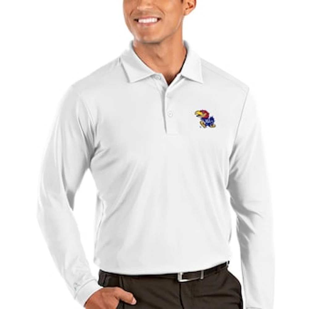 Men's Antigua White Kansas Jayhawks Tribute Long Sleeve Polo