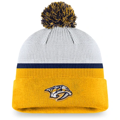 Men's Fanatics White/Gold Nashville Predators Authentic Pro Draft Cuffed Knit Hat with Pom