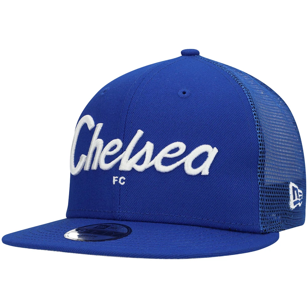 Youth New Era Blue Chelsea Script 9FIFTY Trucker Snapback Hat