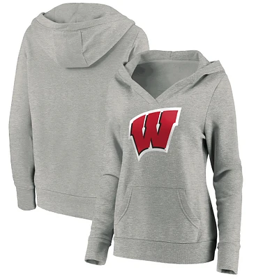 Women's Fanatics Heather Gray Wisconsin Badgers Primary Logo V-Neck Pullover Hoodie