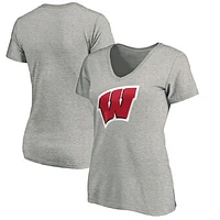 Women's Fanatics Heathered Gray Wisconsin Badgers Primary Logo V-Neck T-Shirt