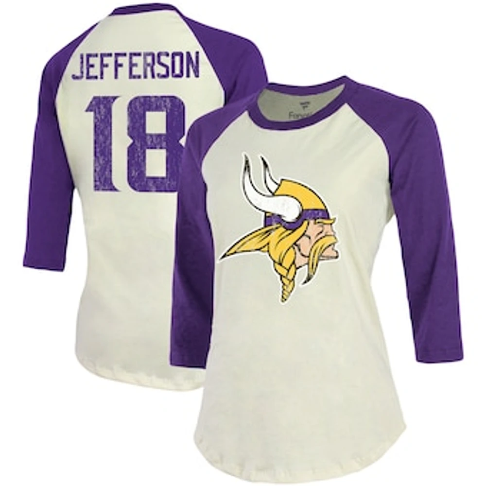 Women's Majestic Threads Justin Jefferson Cream/Purple Minnesota Vikings Player Raglan Name & Number Fitted 3/4-Sleeve T-Shirt