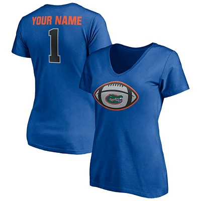 Women's Royal Florida Gators Game Ball Football Personalized Name V-Neck T-Shirt