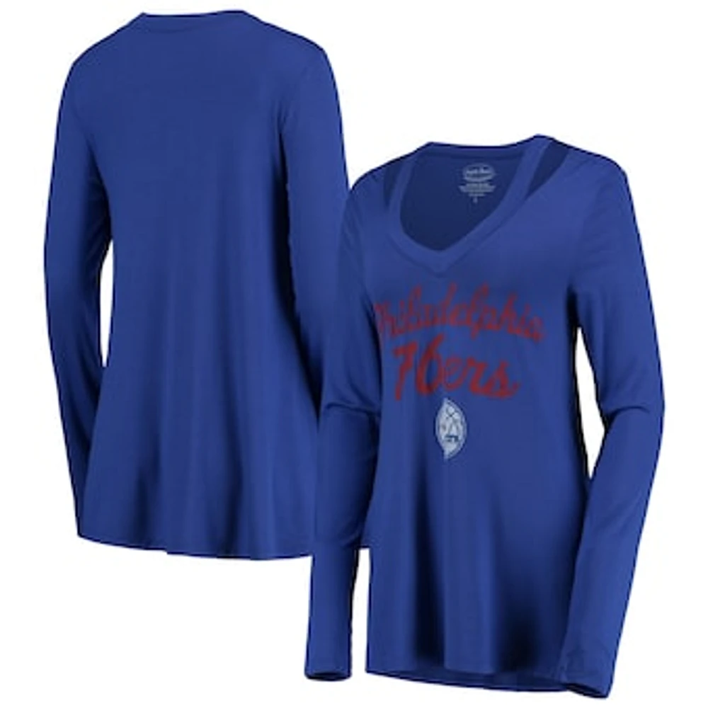 Women's Majestic Threads Royal Philadelphia 76ers Double Dribble Separation V-Neck Long Sleeve T-Shirt