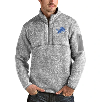 Men's Antigua Heather Gray Detroit Lions Team Logo Fortune Quarter-Zip Pullover Jacket