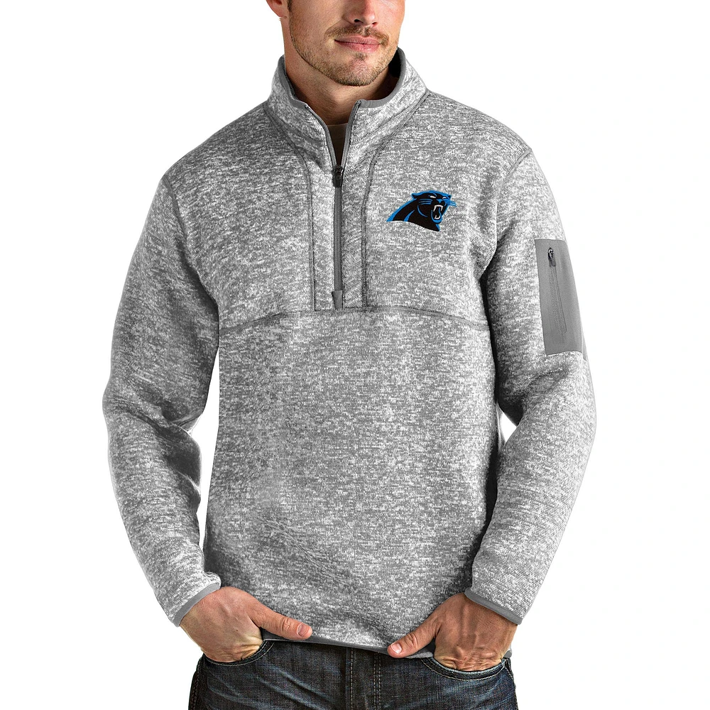 Men's Antigua Heather Gray Carolina Panthers Team Logo Fortune Quarter-Zip Pullover Jacket