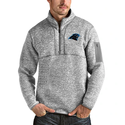 Men's Antigua Heather Gray Carolina Panthers Team Logo Fortune Quarter-Zip Pullover Jacket