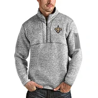 Men's Antigua Heather Gray New Orleans Saints Team Logo Fortune Quarter-Zip Pullover Jacket