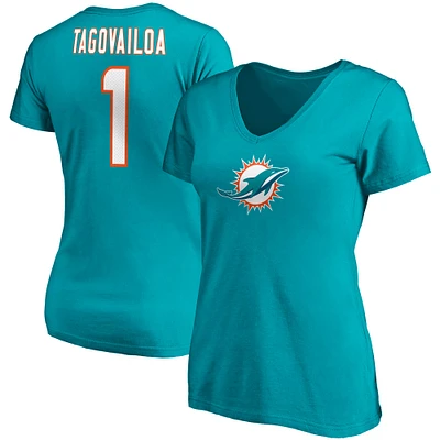 Women's Tua Tagovailoa Aqua Miami Dolphins Player Icon Name & Number V-Neck T-Shirt