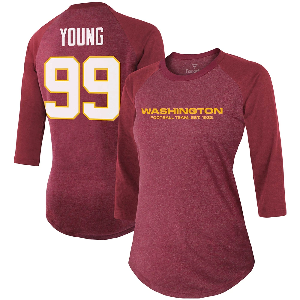 Women's Fanatics Chase Young Burgundy Washington Football Team Team Player Name & Number Tri-Blend Raglan 3/4-Sleeve T-Shirt