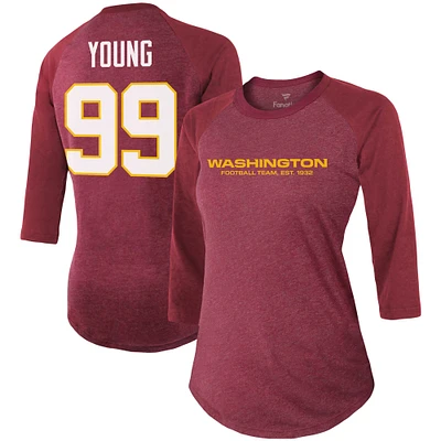 Women's Fanatics Chase Young Burgundy Washington Football Team Team Player Name & Number Tri-Blend Raglan 3/4-Sleeve T-Shirt